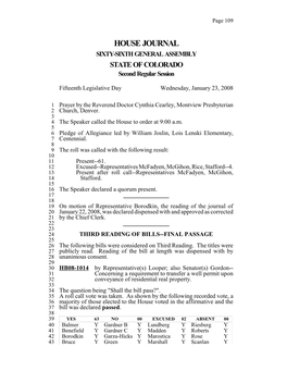 HOUSE JOURNAL SIXTY-SIXTH GENERAL ASSEMBLY STATE of COLORADO Second Regular Session