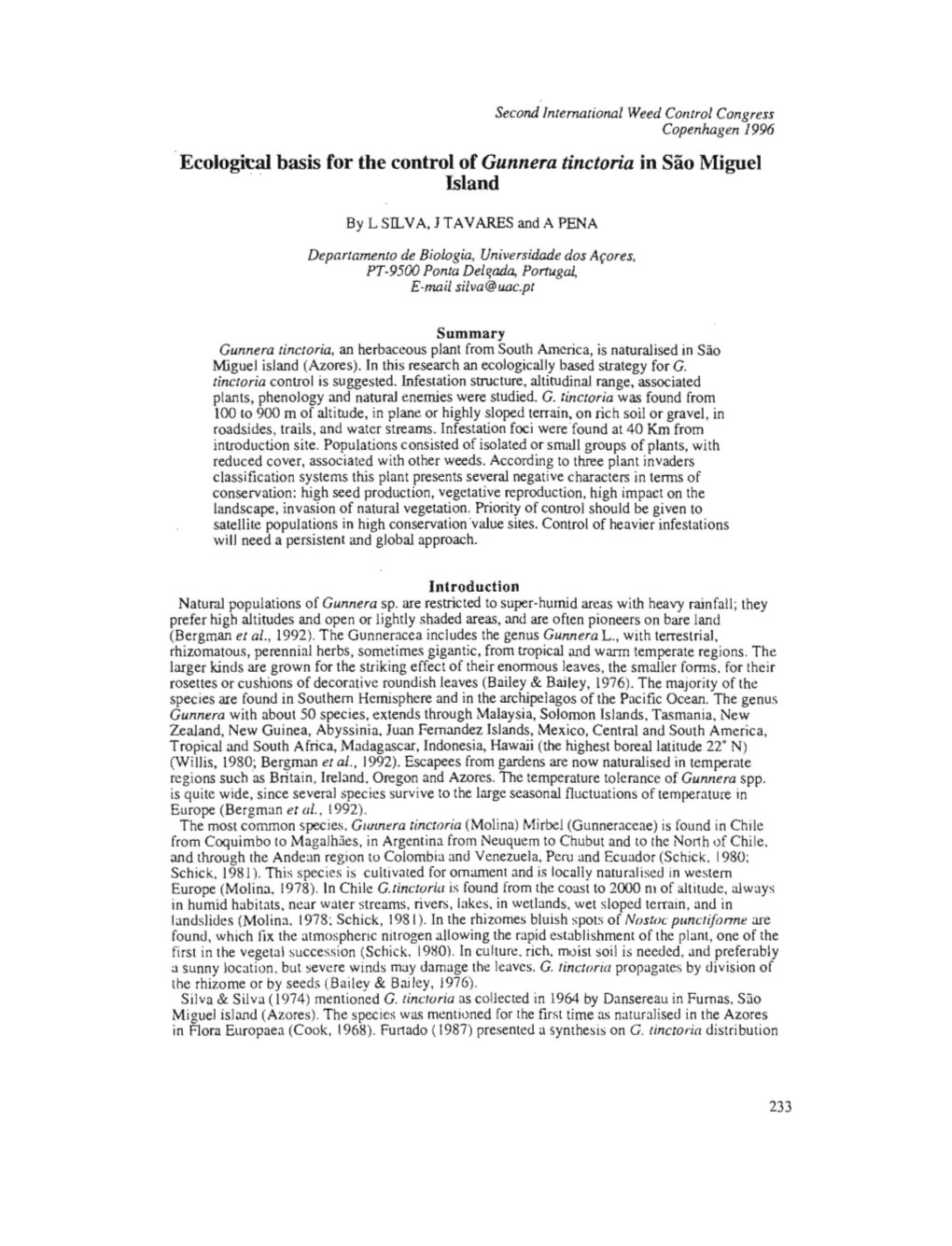 Ecological Basis for the Control of Gunnera Tinctoria in Sao Miguel