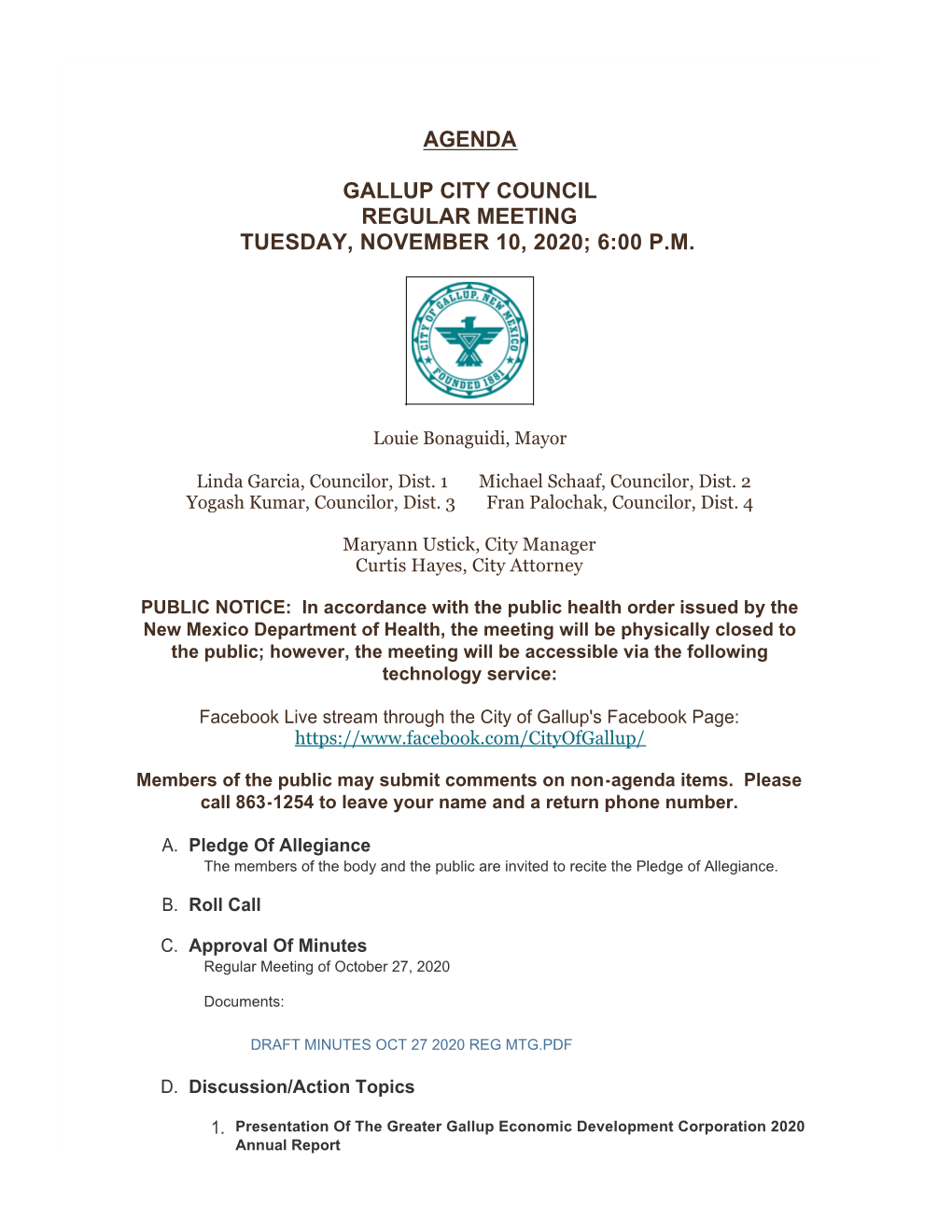 Agenda Gallup City Council Regular Meeting Tuesday, November 10, 2020; 6:00 P.M