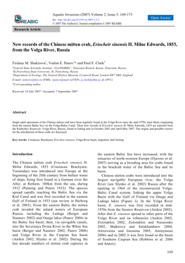 New Records of the Chinese Mitten Crab, Eriocheir Sinensis H. Milne Edwards, 1853, from the Volga River, Russia