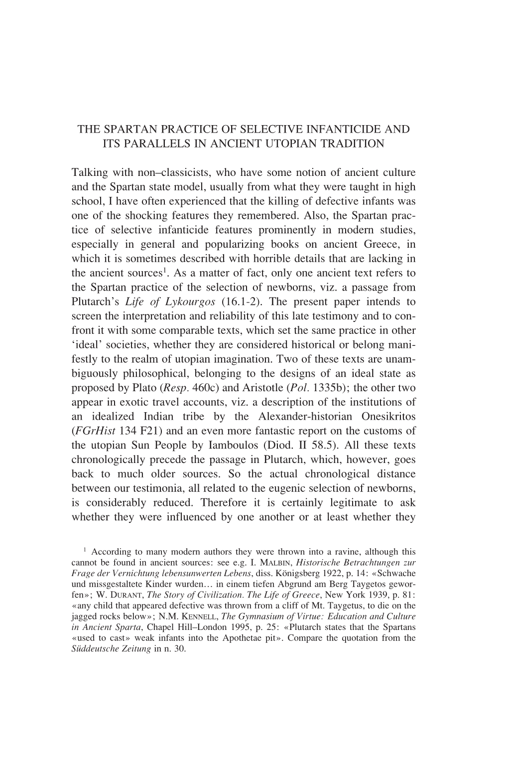 The Spartan Practice of Selective Infanticide and Its Parallels in Ancient Utopian Tradition