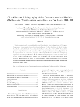 Checklist and Bibliography of the Cenozoic Marine Bivalvia (Mollusca) of Northeastern Asia (Russian Far East), 1968-1999