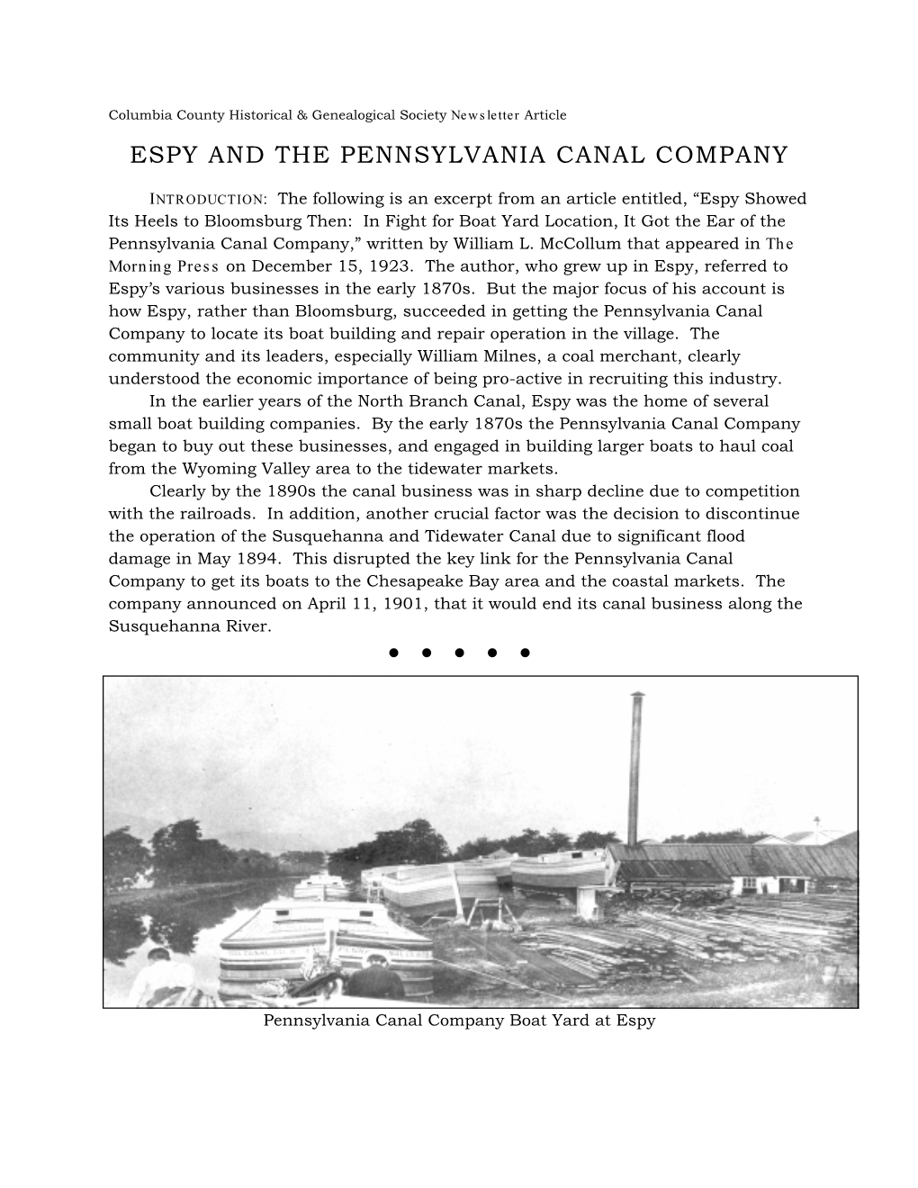 Espy and the Pennsylvania Canal Company
