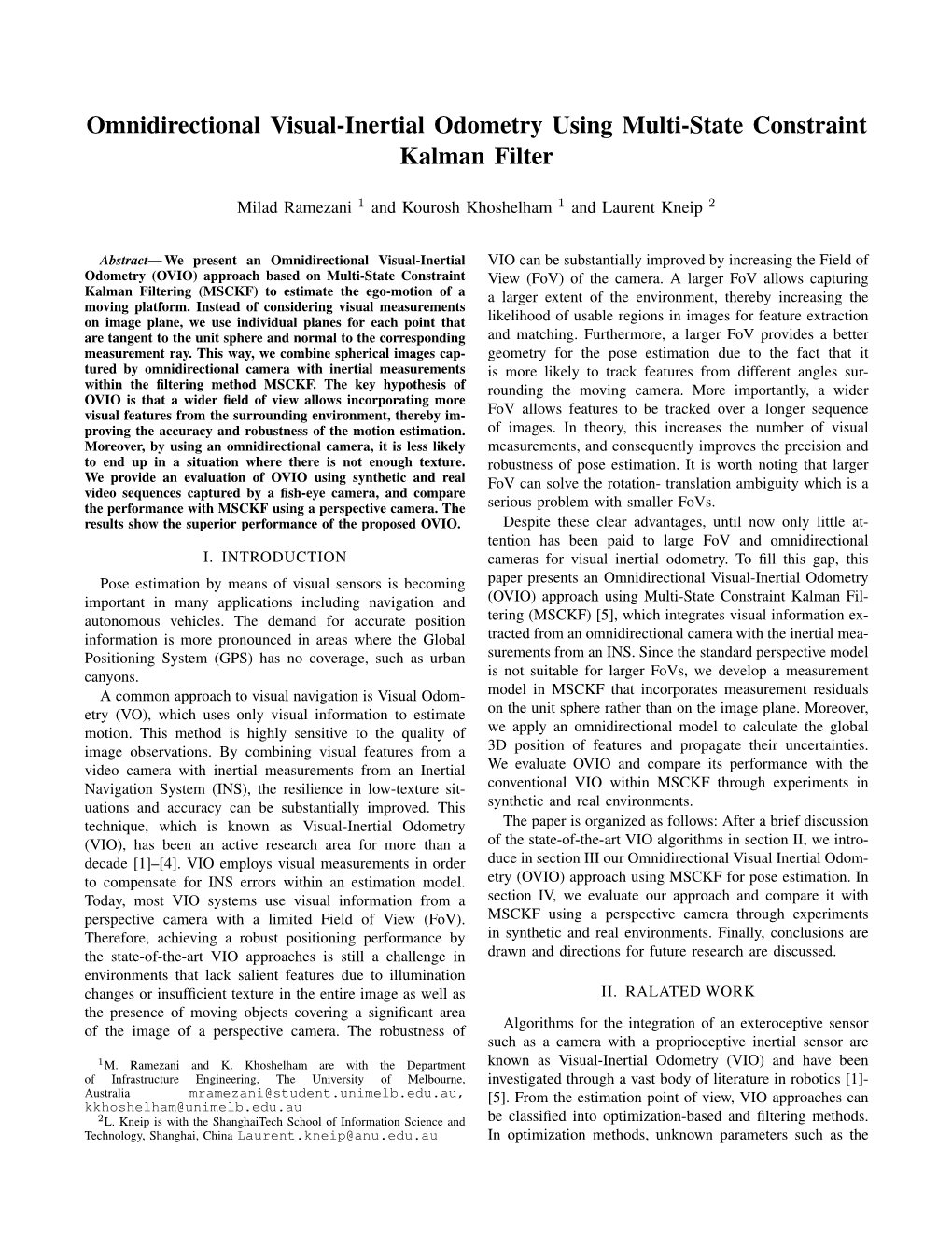 Omnidirectional Visual-Inertial Odometry Using Multi-State Constraint Kalman Filter