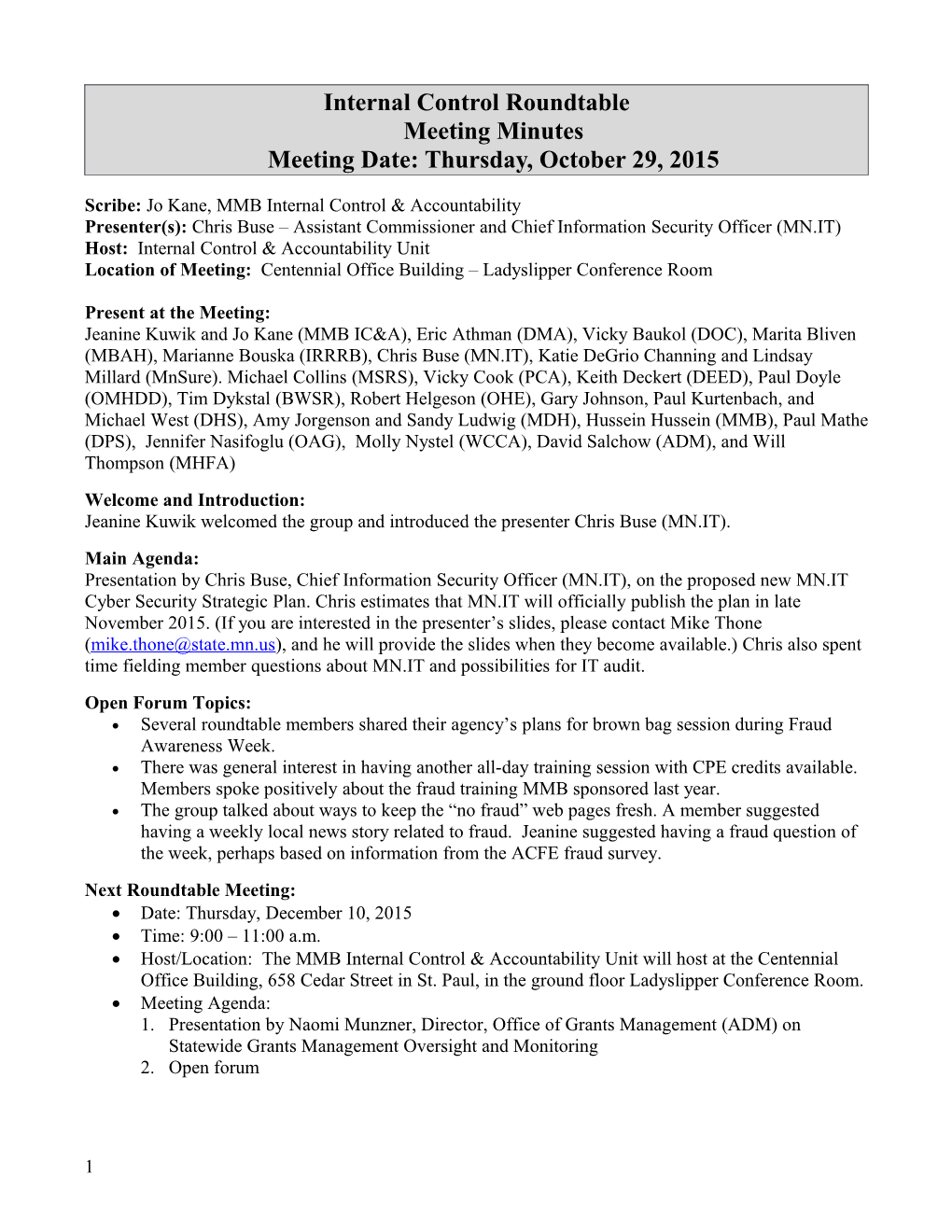 October 29, 2015 Internal Control Roundtable Meeting Minutes