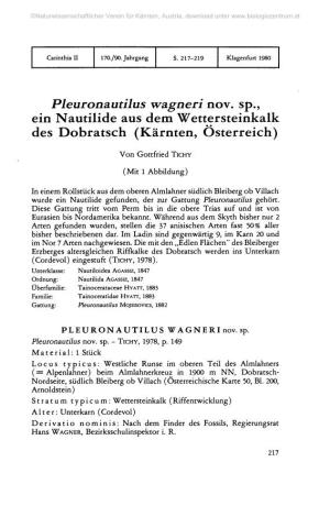 Pleuronautilus Wagneri Nov. Sp., Ein Nautilide Aus Dem Wettersteinkalk Des Dobratsch (Kärnten, Osterreich)