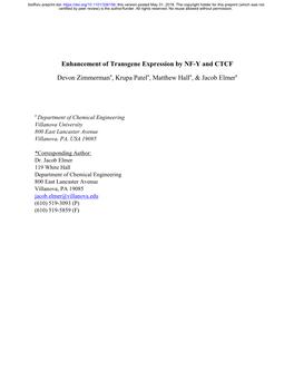 Enhancement of Transgene Expression by NF-Y and CTCF Devon Zimmerman , Krupa Patel , Matthew Hall , & Jacob Elmer