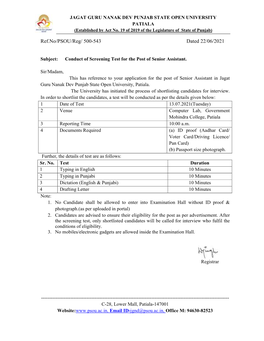 Conduct of Screening Test for the Post of Senior Assistant