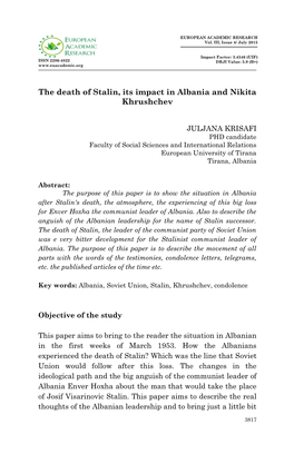 The Death of Stalin, Its Impact in Albania and Nikita Khrushchev