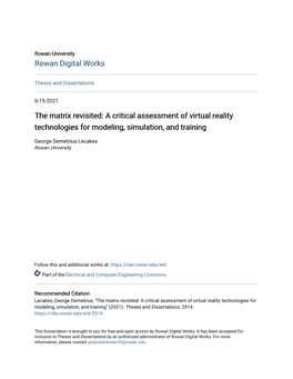 A Critical Assessment of Virtual Reality Technologies for Modeling, Simulation, and Training