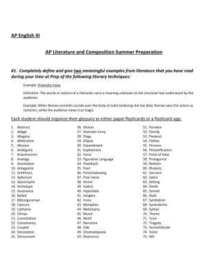 AP English III AP Literature and Composition Summer Preparation