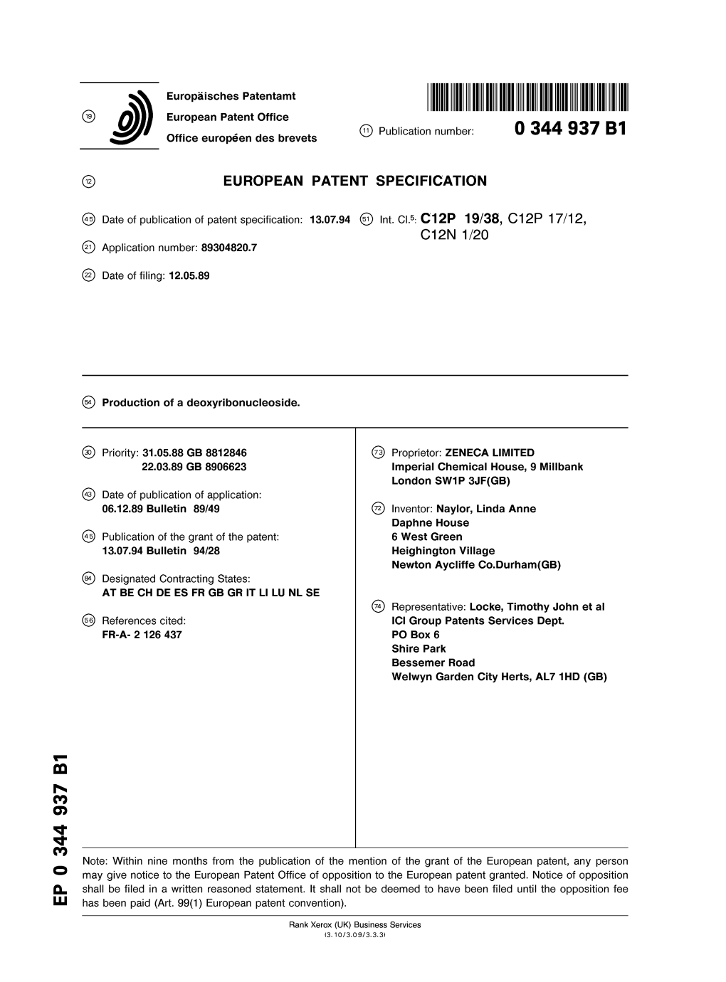 European Patent Office *% a a N4 © Publication Number: 0 344 937 B1 Office Europeen Des Brevets