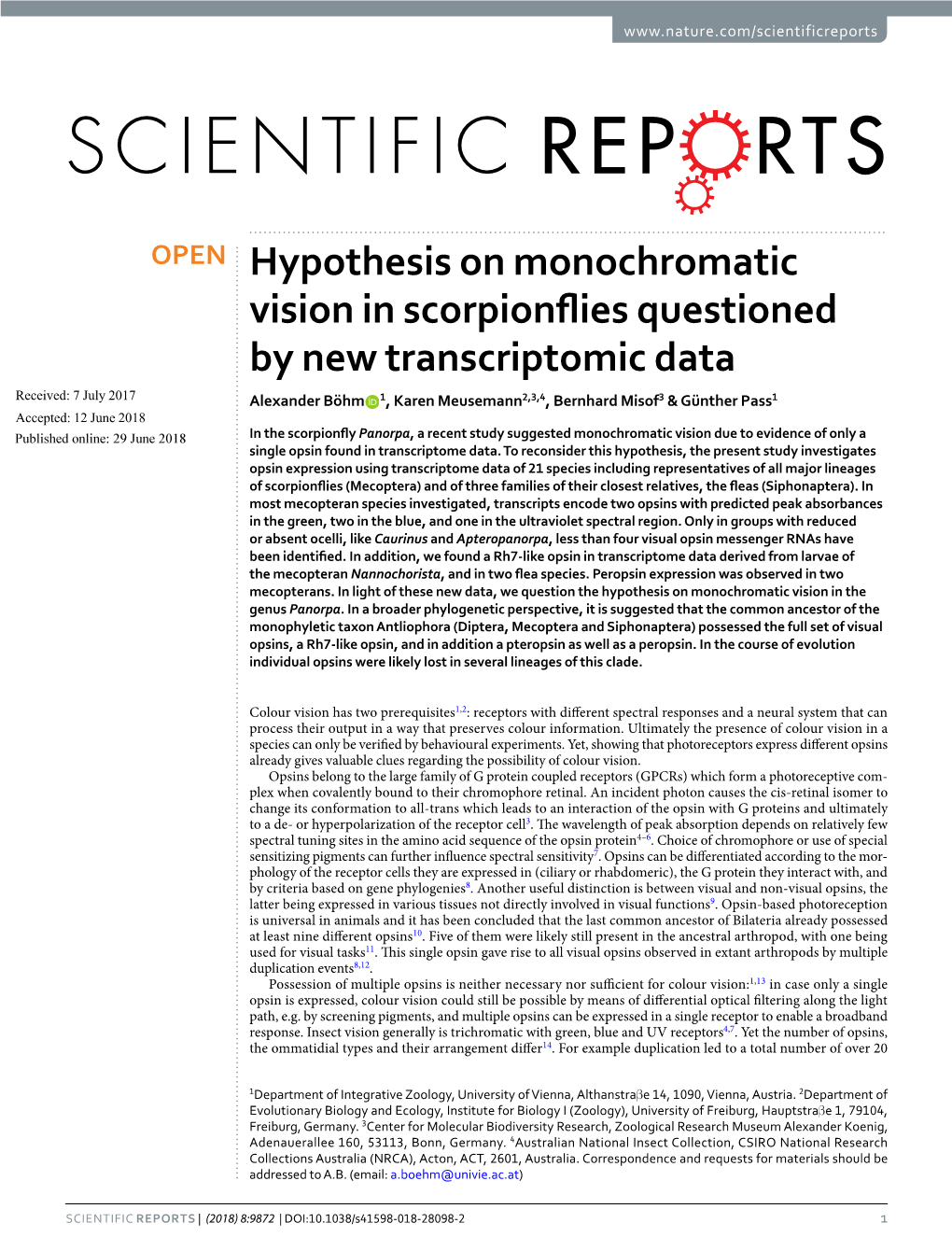 Hypothesis on Monochromatic Vision in Scorpionflies Questioned by New