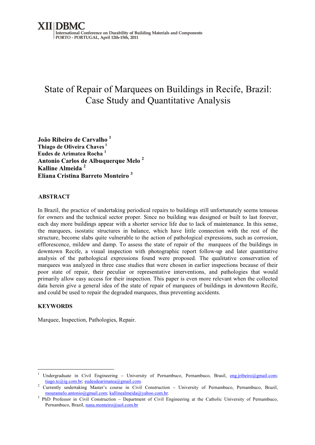 State of Repair of Marquees on Buildings in Recife, Brazil: Case Study and Quantitative Analysis