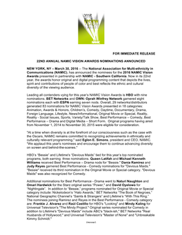 For Immediate Release 22Nd Annual Namic Vision