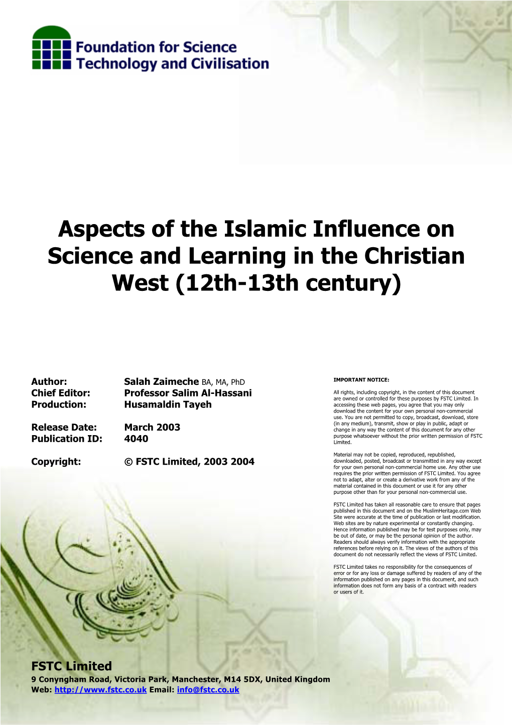 Aspects of the Islamic Influence on Science and Learning in the Christian West (12Th-13Th Century)