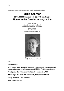 Erika Cremer (20.05.1900 München – 21.09.1996 Innsbruck) Pionierin Der Gaschromatographie