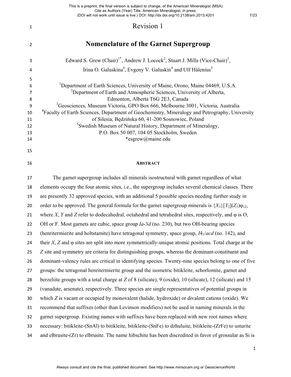 Revision 1 Nomenclature of the Garnet Supergroup