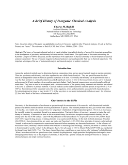 A Brief History of Inorganic Classical Analysis