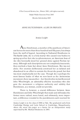 Anne Hutchinson: a Life in Private
