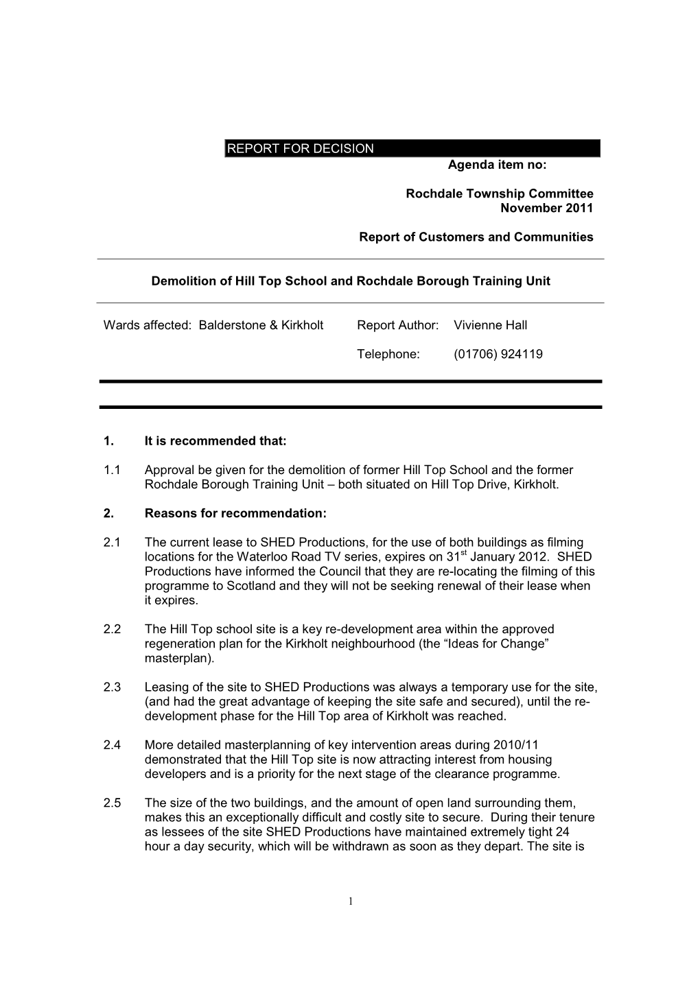 Rochdale Township Committee November 2011 Report Of