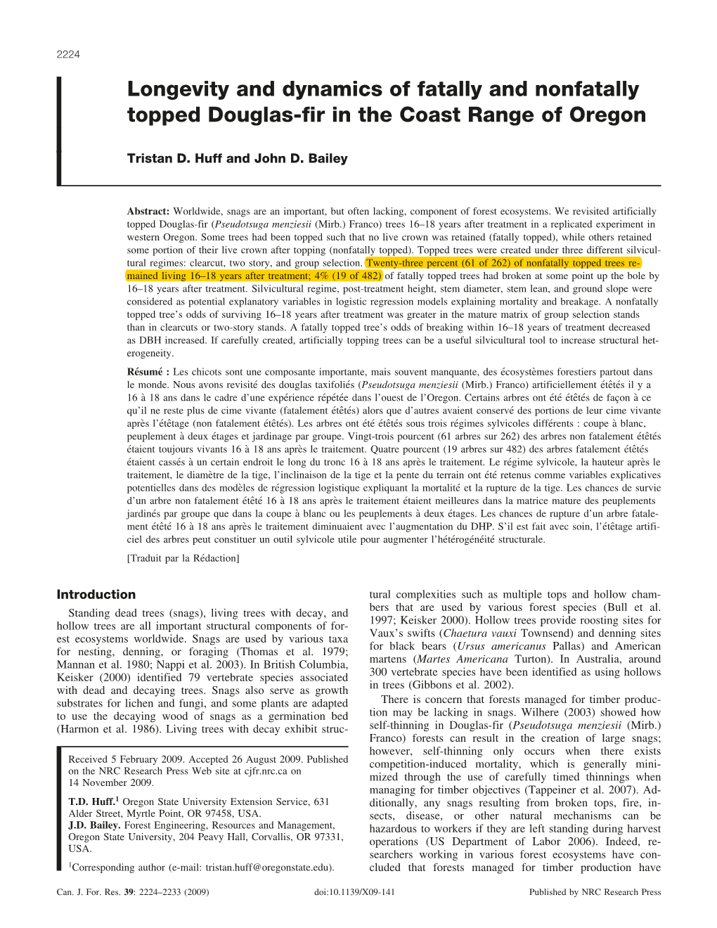 Longevity and Dynamics of Fatally and Nonfatally Topped Douglas-Fir in the Coast Range of Oregon