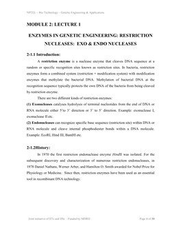 Lecture 1 Enzymes in Genetic Engineering: Restriction Nucleases