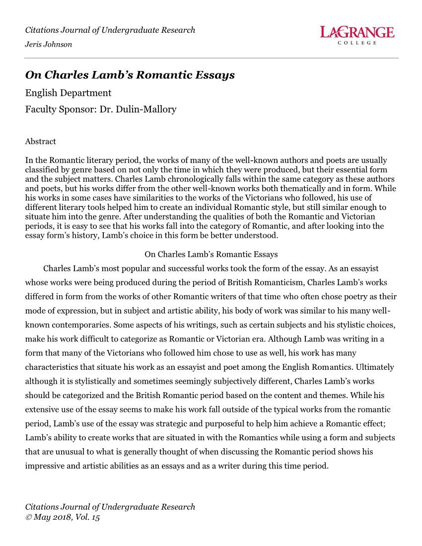 On Charles Lamb's Romantic Essays