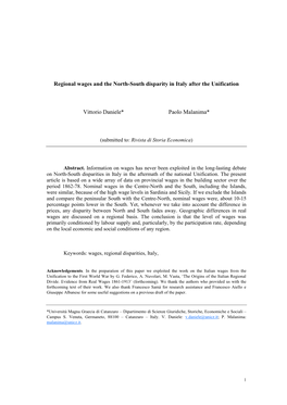 Regional Wages and the North-South Disparity in Italy After the Unification