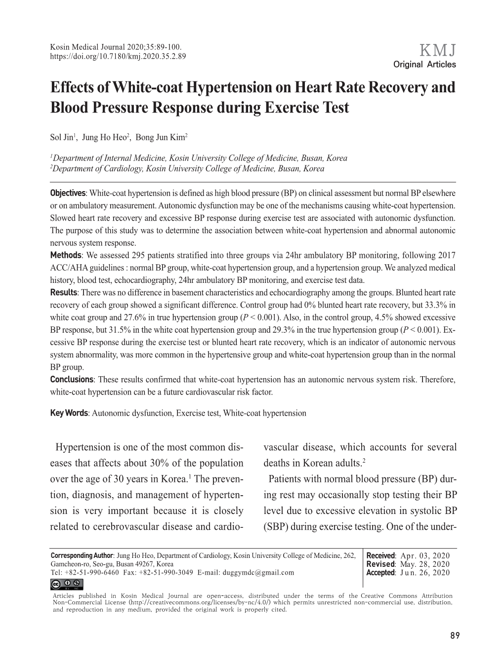 Effects of White-Coat Hypertension on Heart Rate Recovery and Blood Pressure Response During Exercise Test