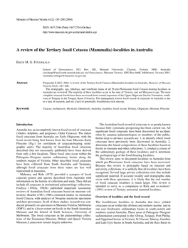 A Review of the Tertiary Fossil Cetacea (Mammalia) Localities in Australia