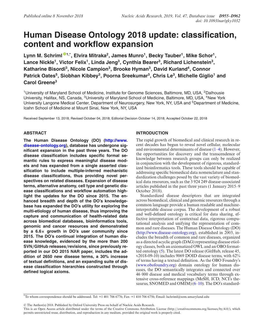 Human Disease Ontology 2018 Update: Classification, Content And