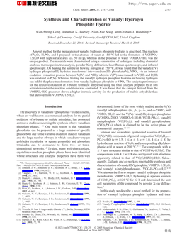 Synthesis and Characterization of Vanadyl Hydrogen Phosphite Hydrate