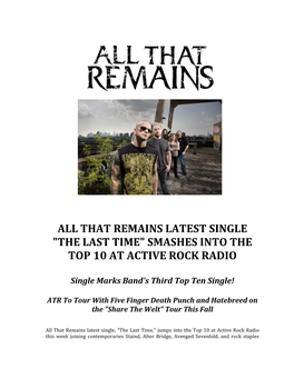 All That Remains Latest Single "The Last Time" Smashes Into the Top 10 at Active Rock Radio