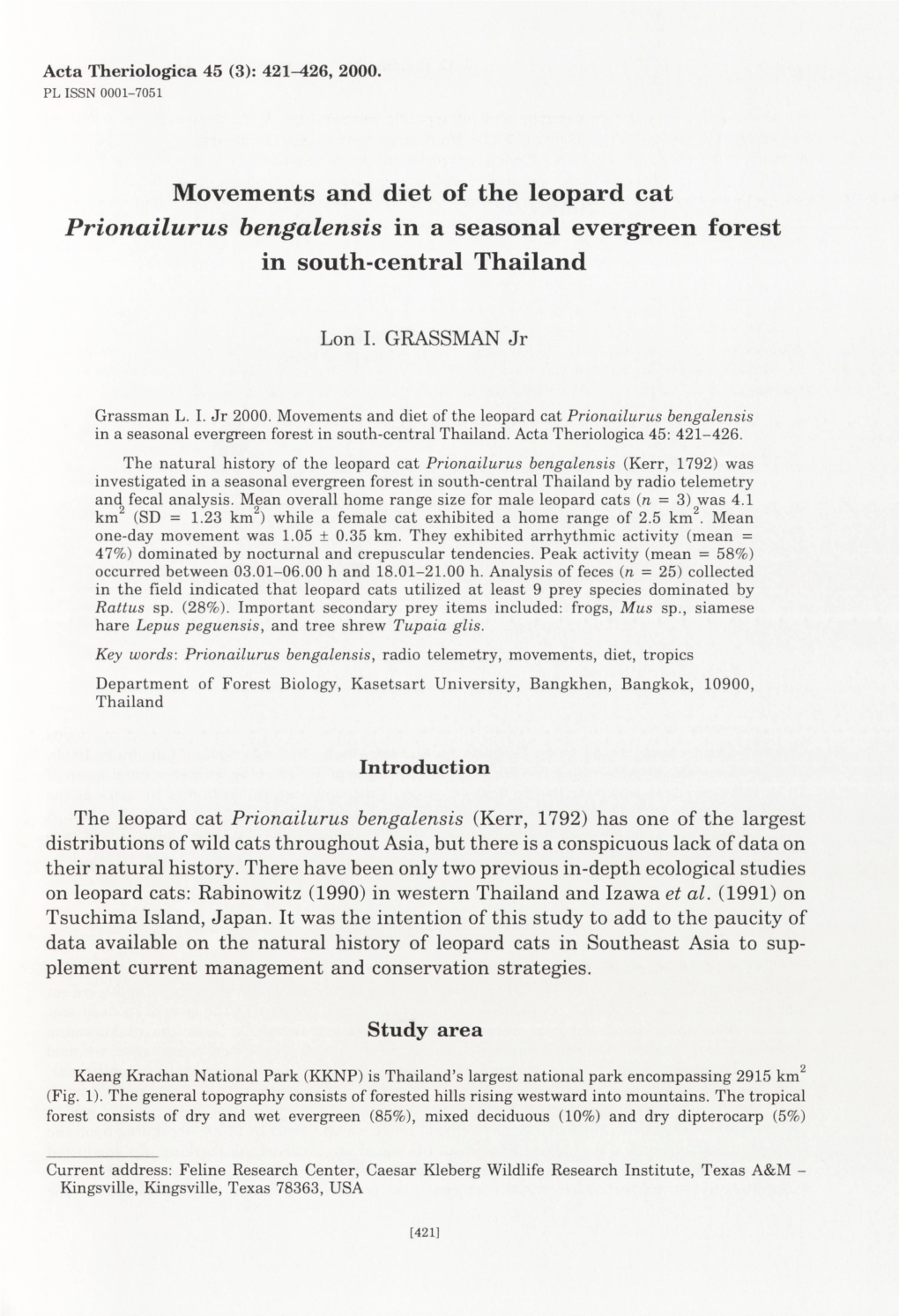 Movements and Diet of the Leopard Cat Prionailurus Bengalensis in a Seasonal Evergreen Forest in South-Central Thailand