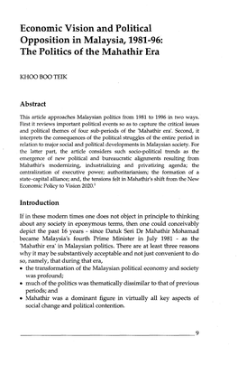 Economic Vision and Political Opposition in Malaysia, 1981-96: the Politics of the Mahathir Era