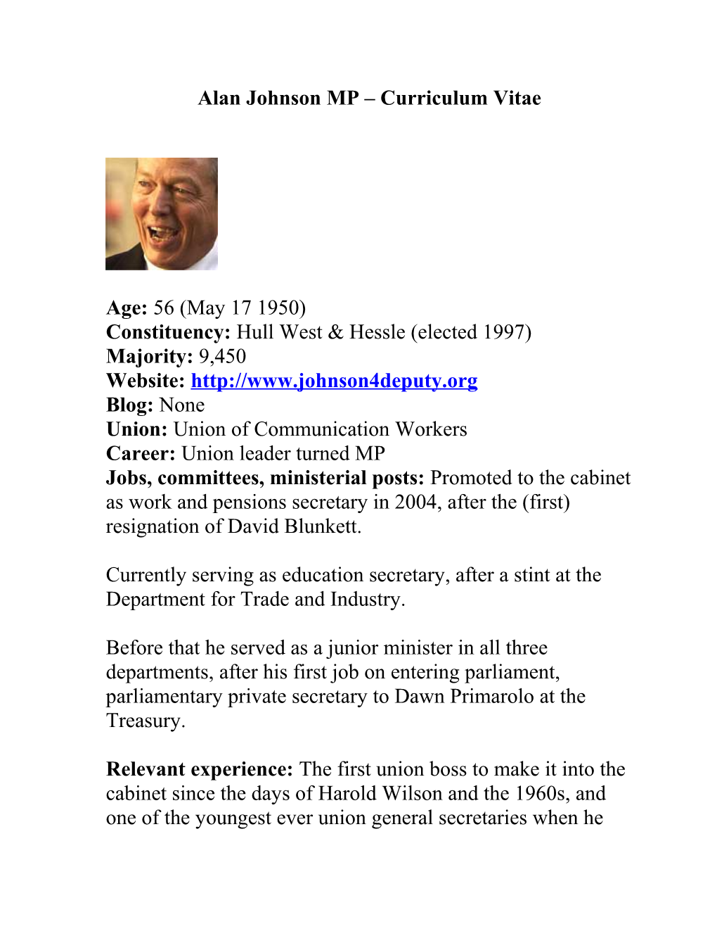 Alan Johnson MP Curriculum Vitae