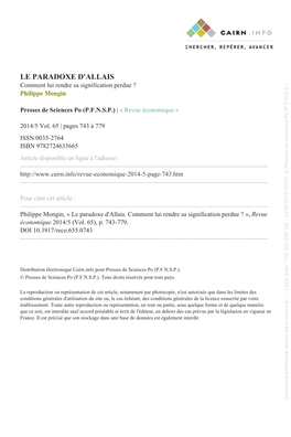 LE PARADOXE D'allais Document Téléchargé Depuis - Lazar Seth 150.203.229.102 24/06/2015 08H07