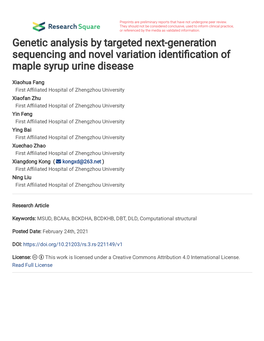 Genetic Analysis by Targeted Next-Generation Sequencing and Novel Variation Identi�Cation of Maple Syrup Urine Disease