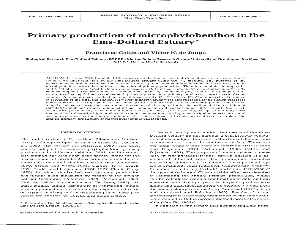 Primary Production of Microphytobenthos in the Ems-Dollard Estuary*