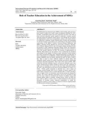 Role of Teacher Education in the Achievement of Mdgs
