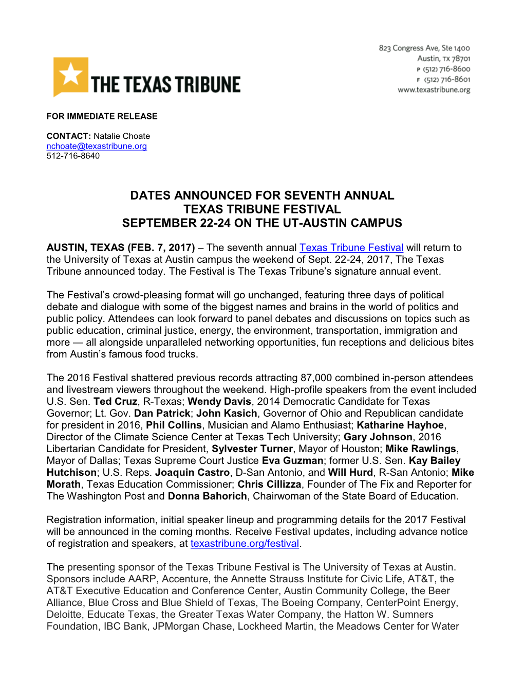 Dates Announced for Seventh Annual Texas Tribune Festival September 22-24 on the Ut-Austin Campus