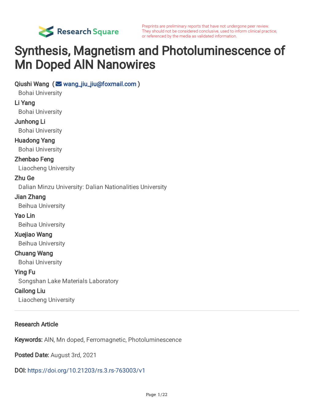Synthesis, Magnetism and Photoluminescence of Mn Doped Aln Nanowires