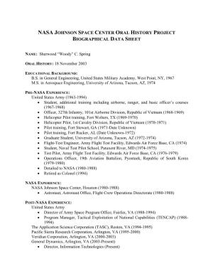 Nasa Johnson Space Center Oral History Project Biographical Data Sheet