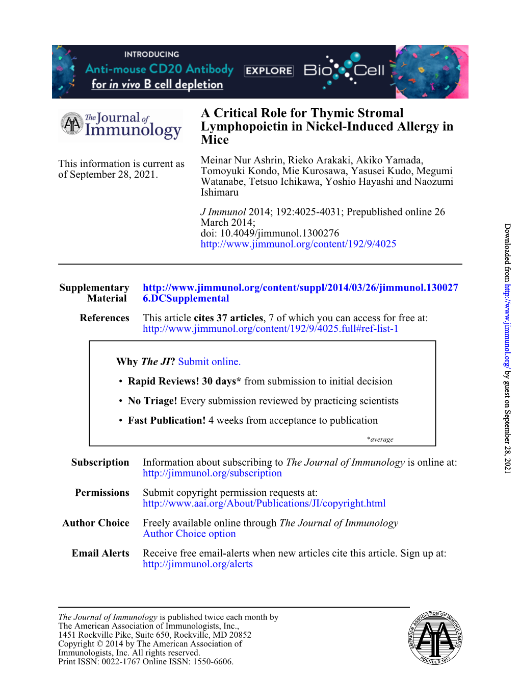 Mice Lymphopoietin in Nickel-Induced Allergy in a Critical