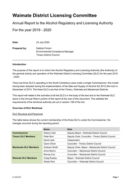 Waimate District Licensing Committee Annual Report to the Alcohol Regulatory and Licensing Authority for the Year 2019 - 2020