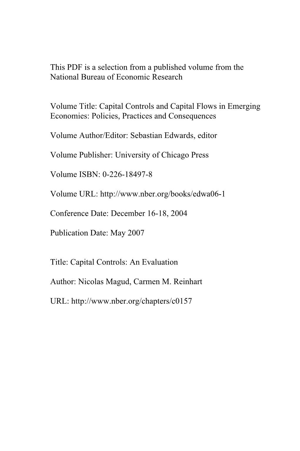 Capital Controls: an Evaluation