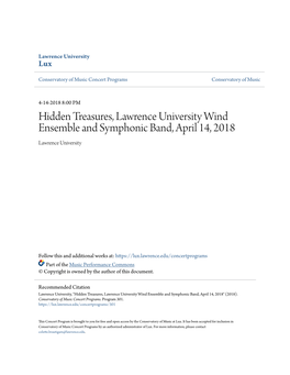Hidden Treasures, Lawrence University Wind Ensemble and Symphonic Band, April 14, 2018 Lawrence University