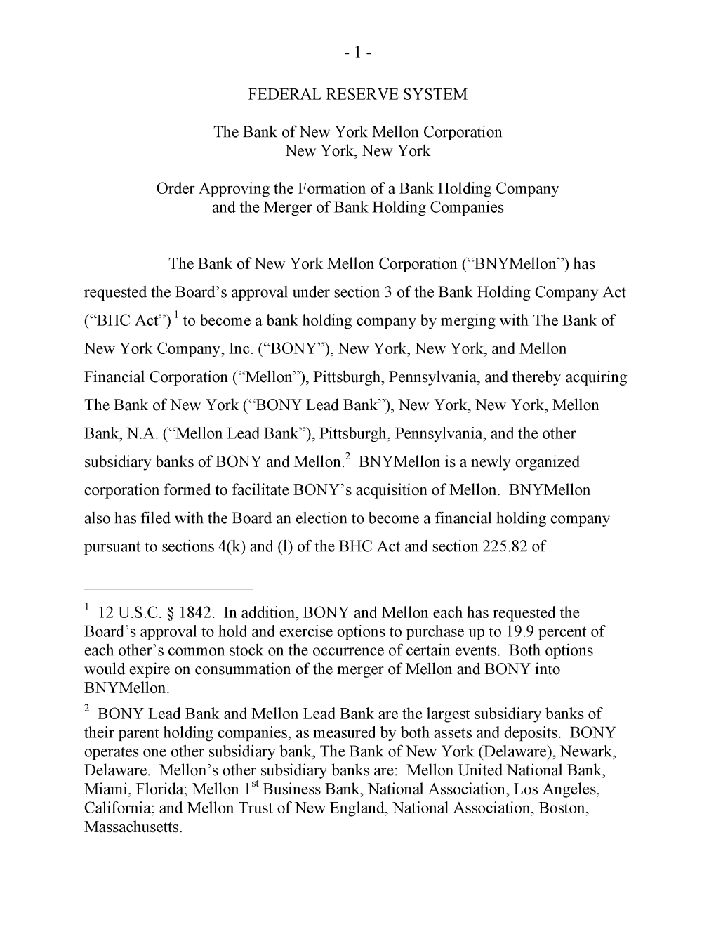 Approval of Proposal by the Bank of New York Mellon Corporation