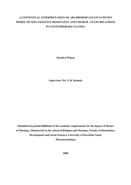 A Contextual Interpretation of Archbishop Janani Luwum’S Model of Non-Violence Resistance and Church - State Relations in Contemporary Uganda